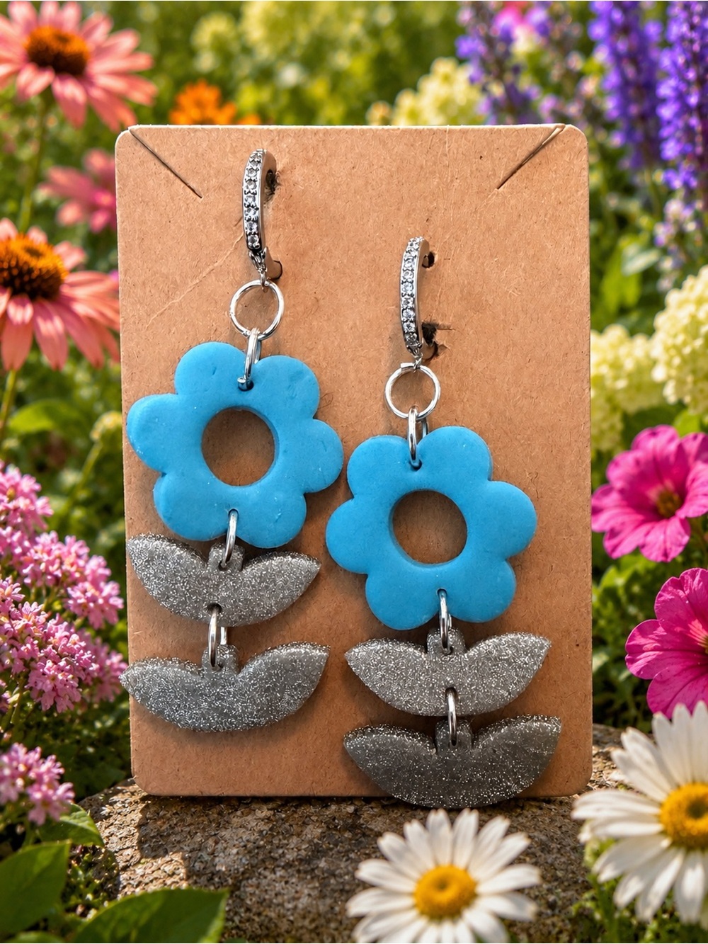 Blue Flower Drop Handmade Polymer Clay Earrings with Silver Glitter Leaves
